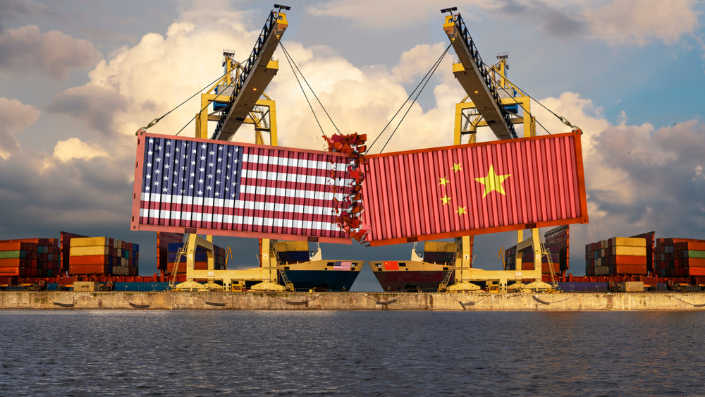 Collision of shipment containers with Chinese and US flags